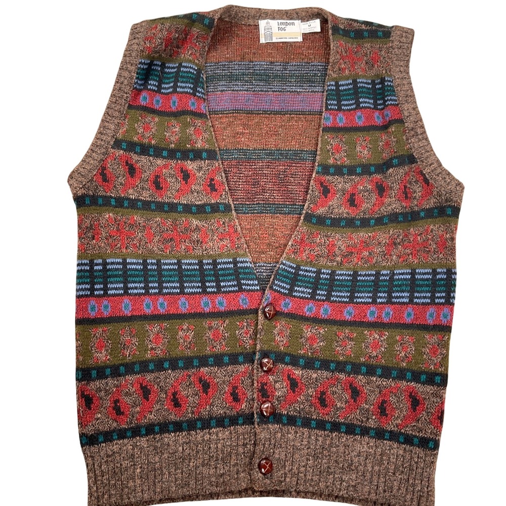 London Fog Vest Men Medium Brown Red‎ Geometric Paisley Stripe Knit Preppy VTG